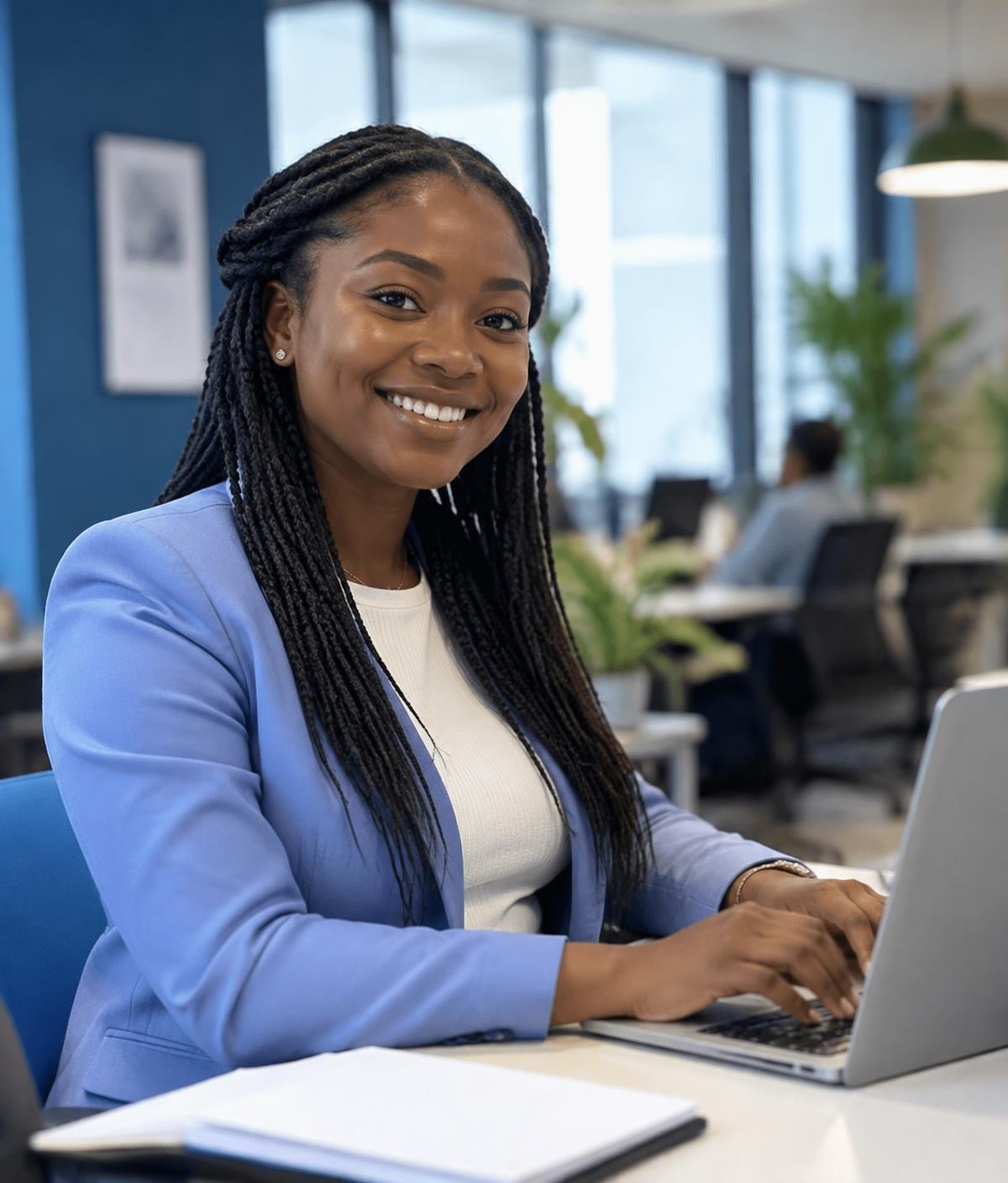Young professional smiling while working at a laptop